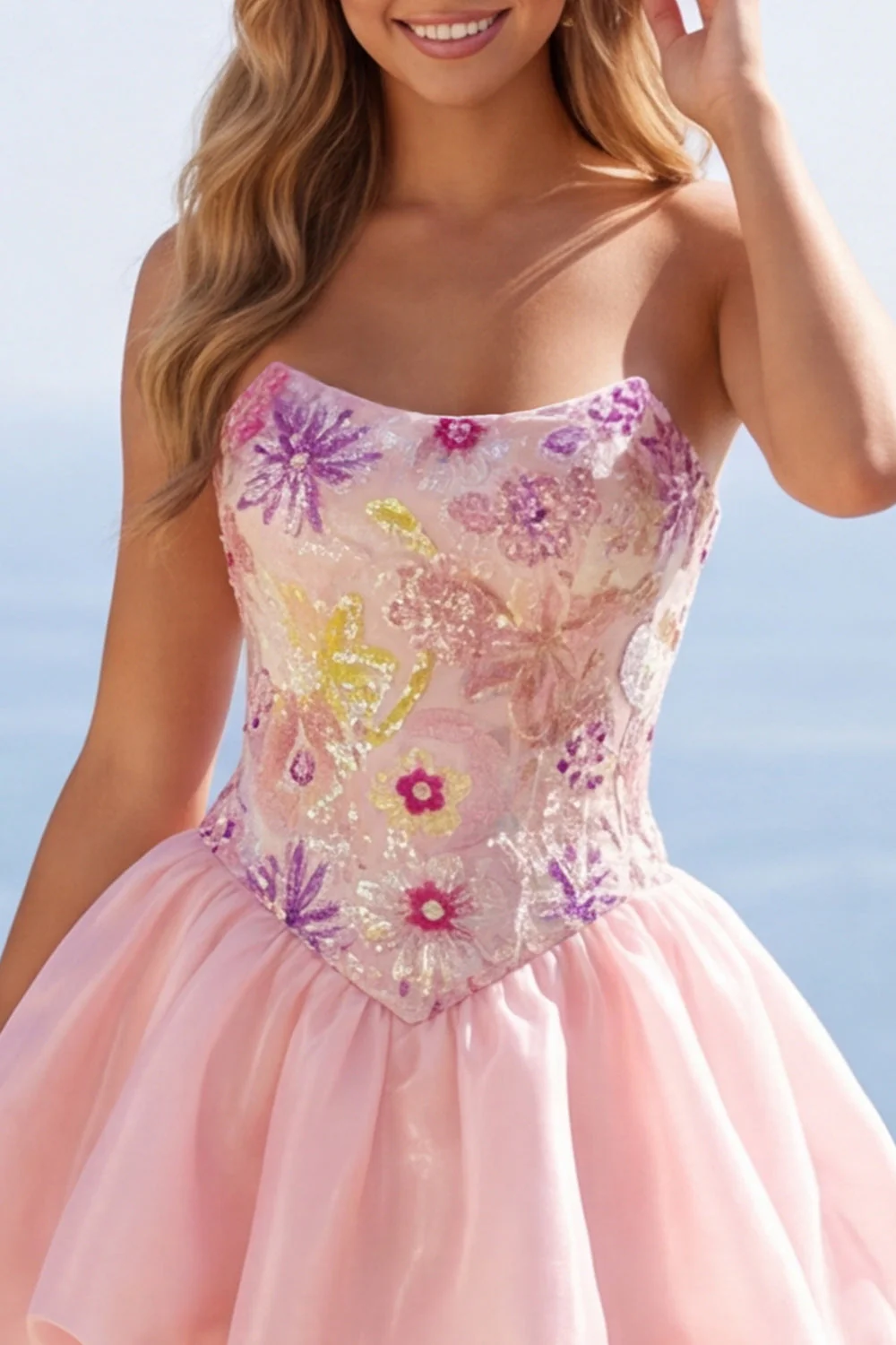 Robe de fin d’année rose Strap-bustless fleuri à sequins - Image 5