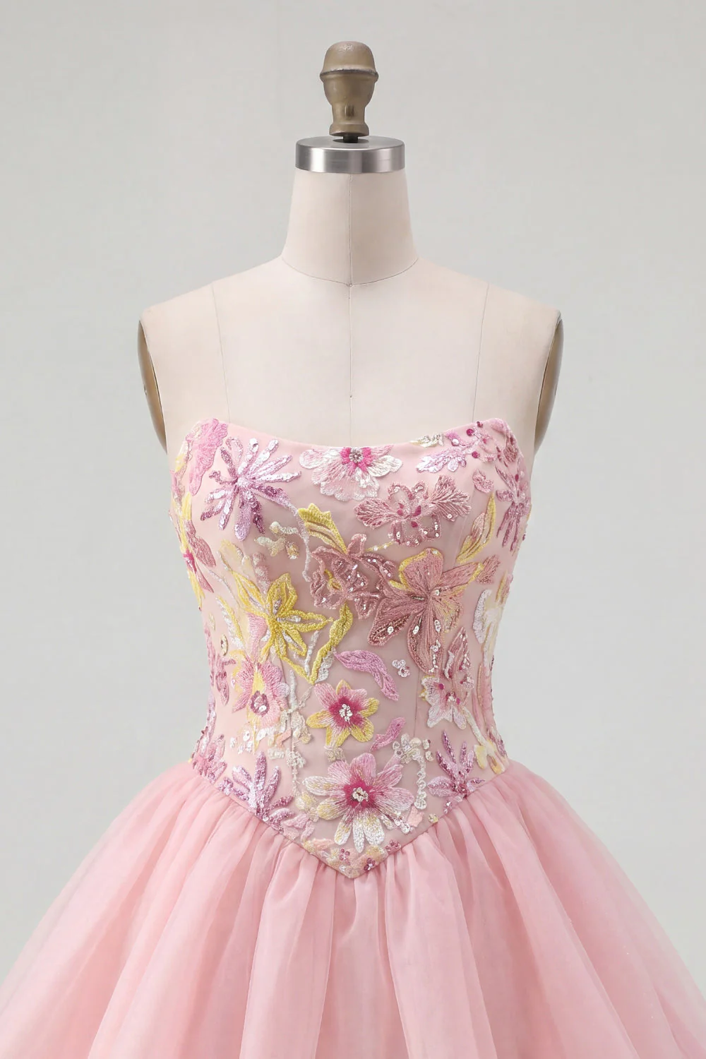 Robe de fin d’année rose Strap-bustless fleuri à sequins - Image 7