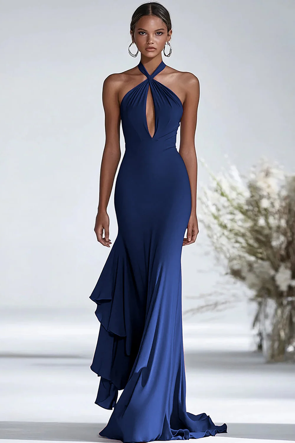 Robe de gala en mousseline de soie à volants rouge licol - Image 6
