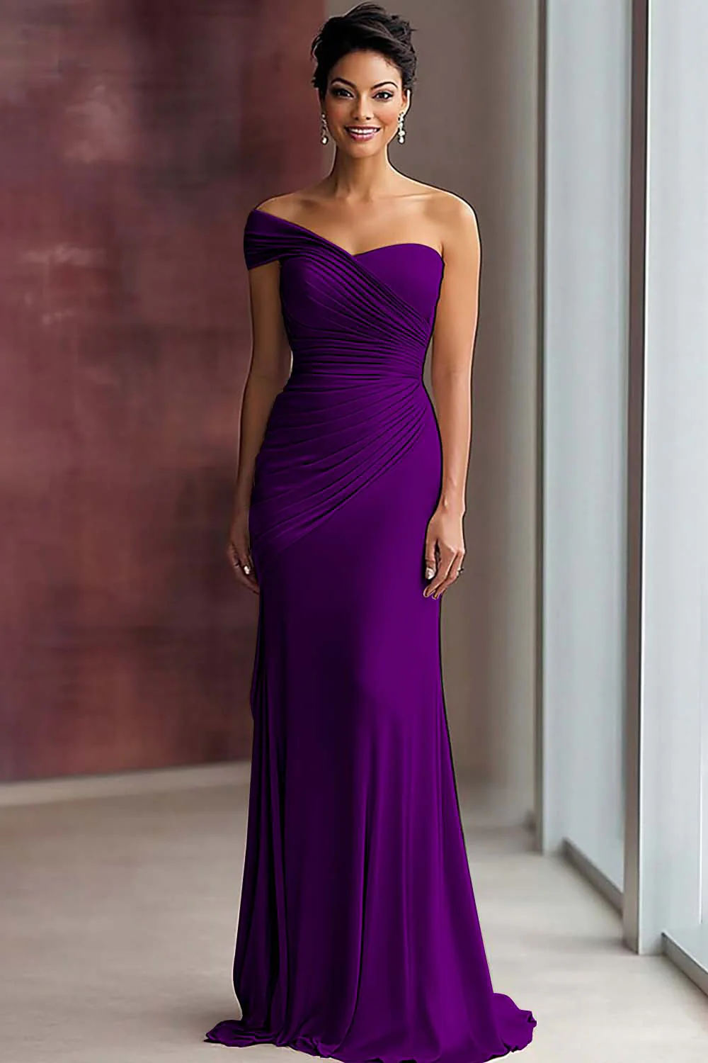 Robe de gala plissée en jersey kaki clair fourreau à une épaule - Image 11