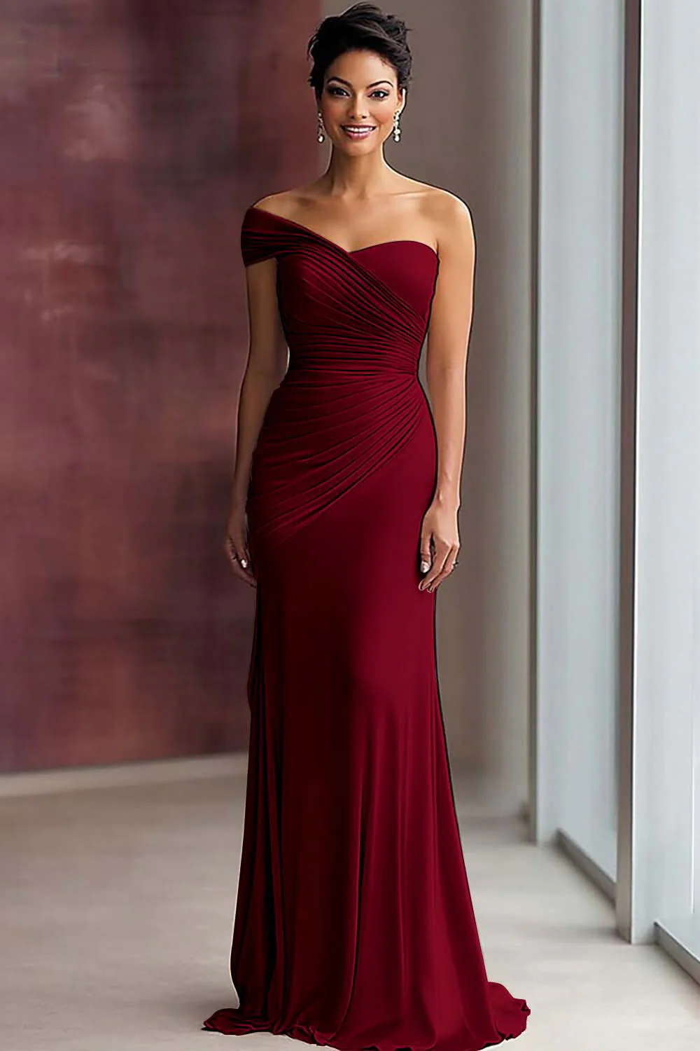 Robe de gala plissée en jersey kaki clair fourreau à une épaule - Image 7