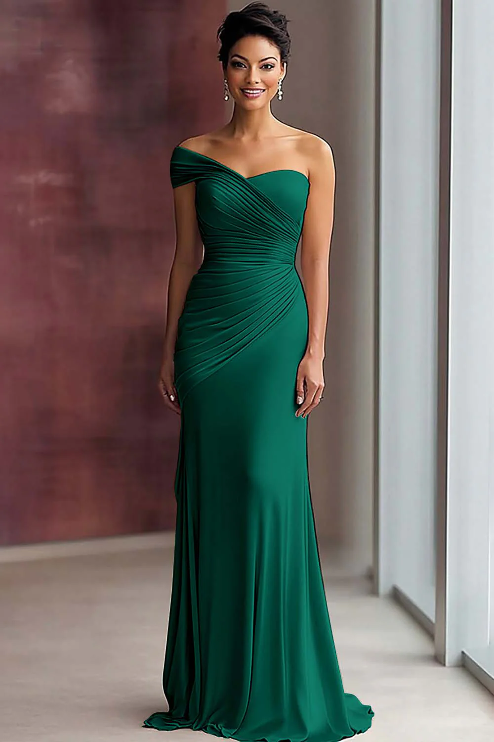 Robe de gala plissée en jersey kaki clair fourreau à une épaule - Image 8