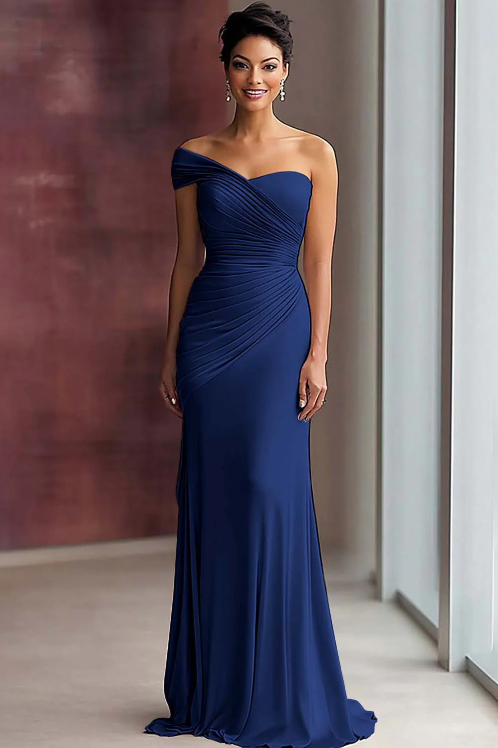 Robe de gala plissée en jersey kaki clair fourreau à une épaule - Image 9