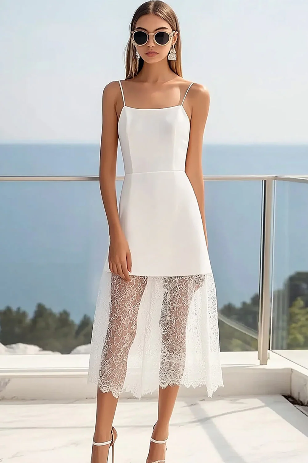 Robe blanche à bretelles fines en dentelle
