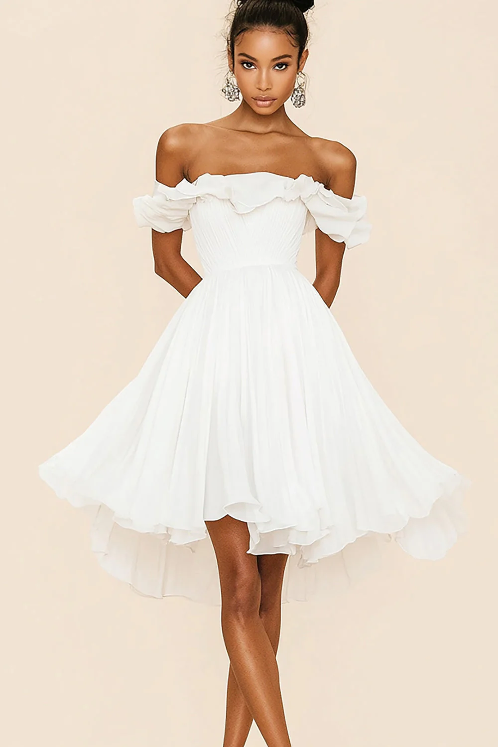 Robe blanche à épaules dénudées à volants trapèze