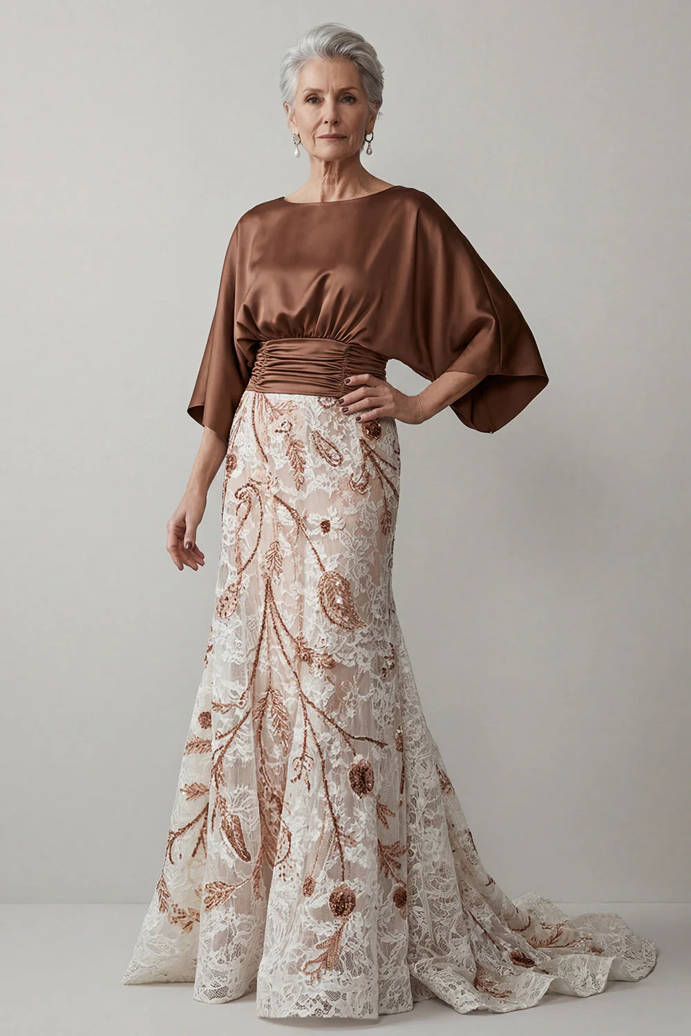 Robe de la mariée à manches café appliquée 3/4