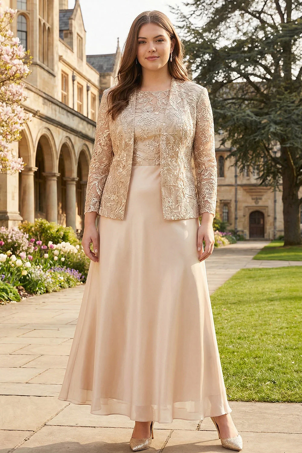 Robe de la mariée Champagne Ligne A deux pièces grande taille maman de la mariée à manches longues