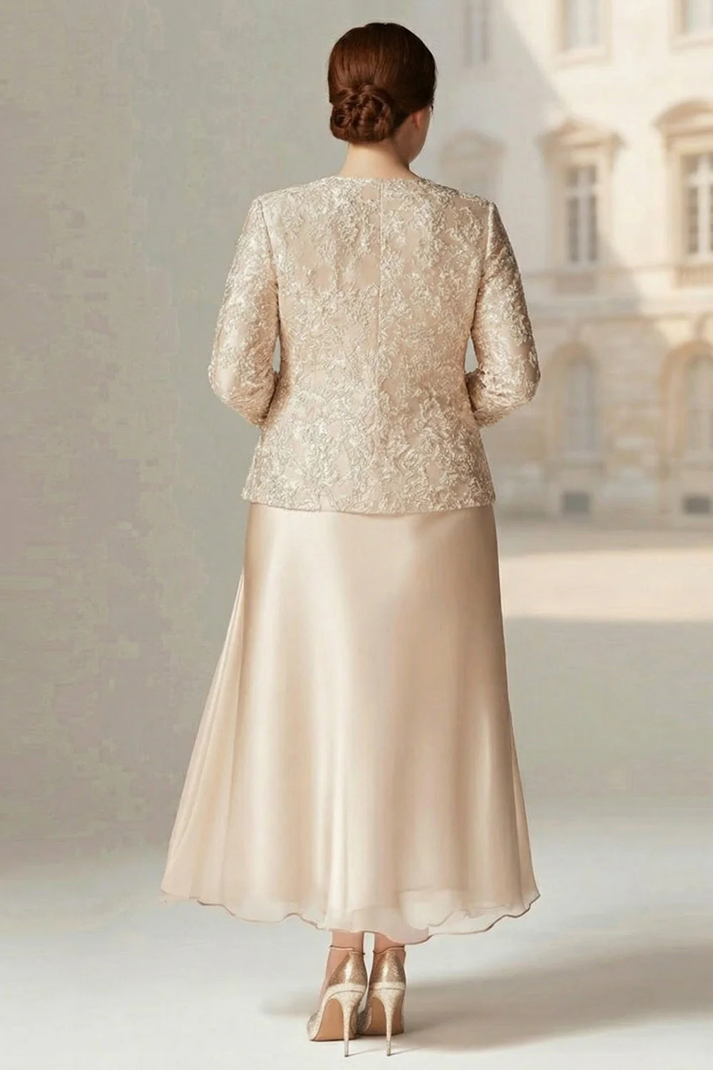Robe de la mariée Champagne Ligne A deux pièces grande taille maman de la mariée à manches longues - Image 2