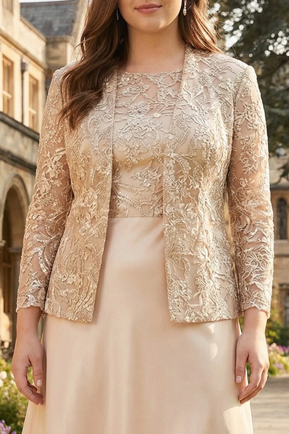Robe de la mariée Champagne Ligne A deux pièces grande taille maman de la mariée à manches longues - Image 3