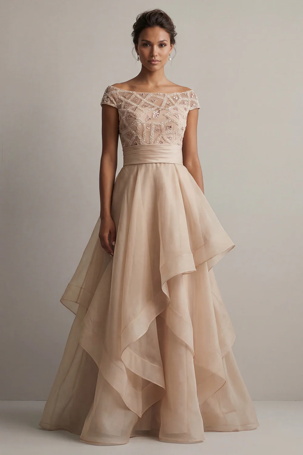 Robe de la mère de la mariée à col bateau à col bateau A line champagne à sequins