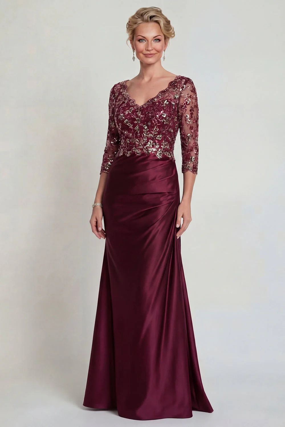 Robe de la mère de la mariée à col en V à col sirène bourgogne en V avec manches 3/4