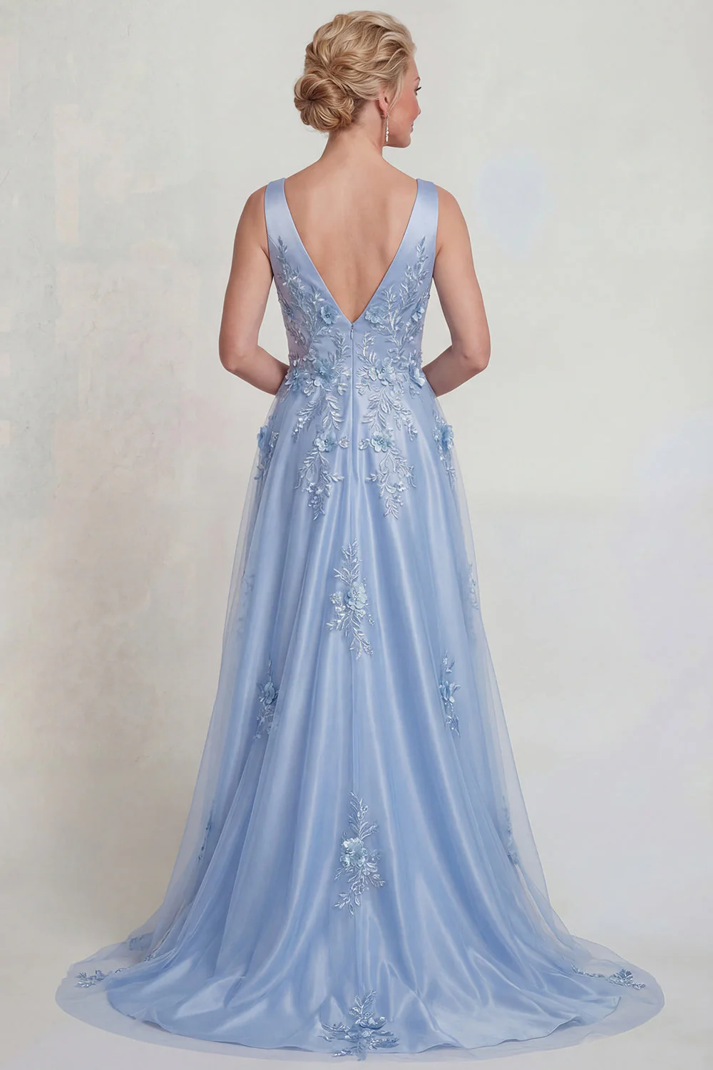 Robe de la mère de la mariée à col en V appliquée à fleurs bleues appliquées - Image 2