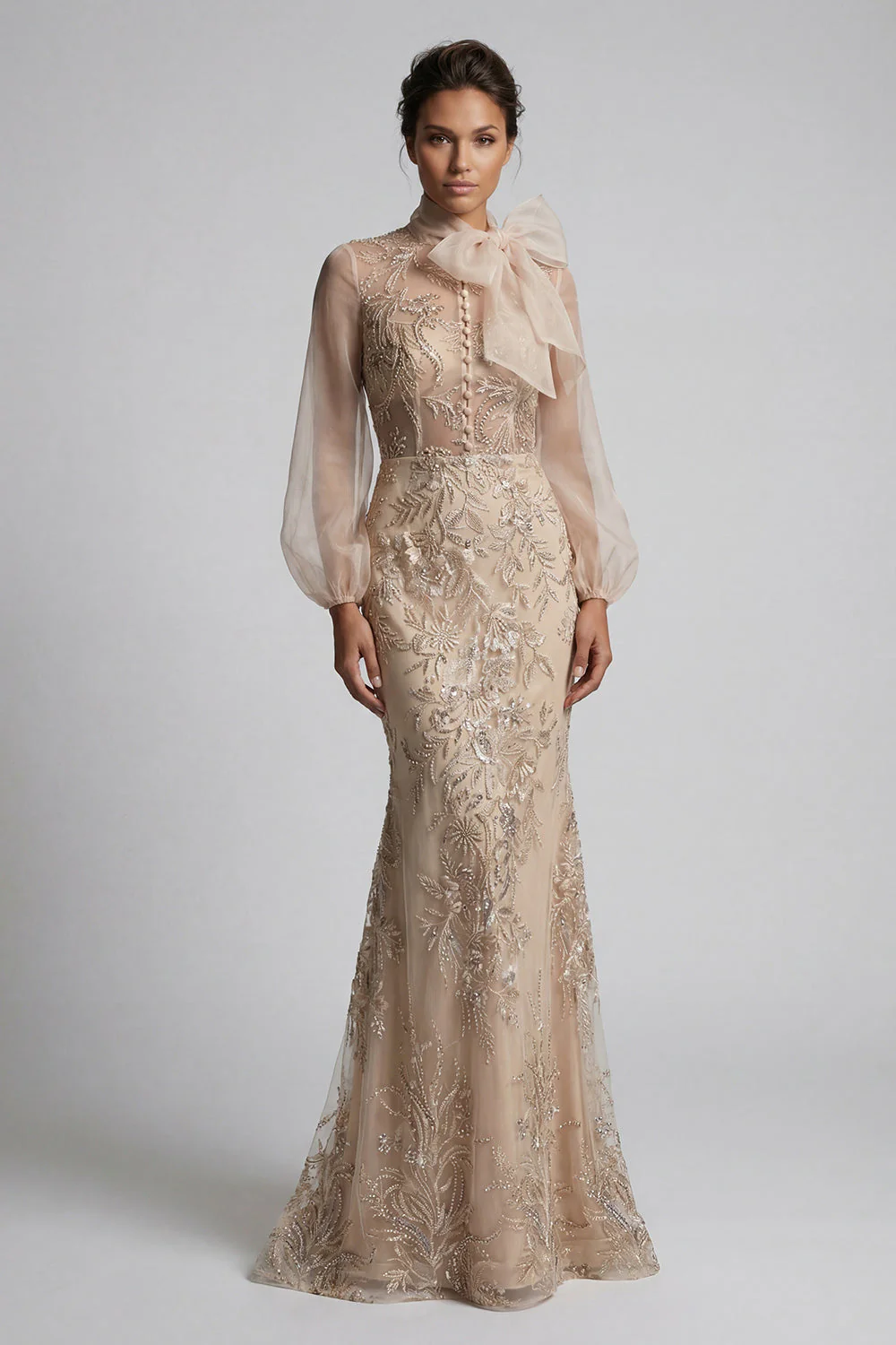 Robe de la mère de la mariée à col haut à col haut appliquée par la sirène de Champagen avec nœud