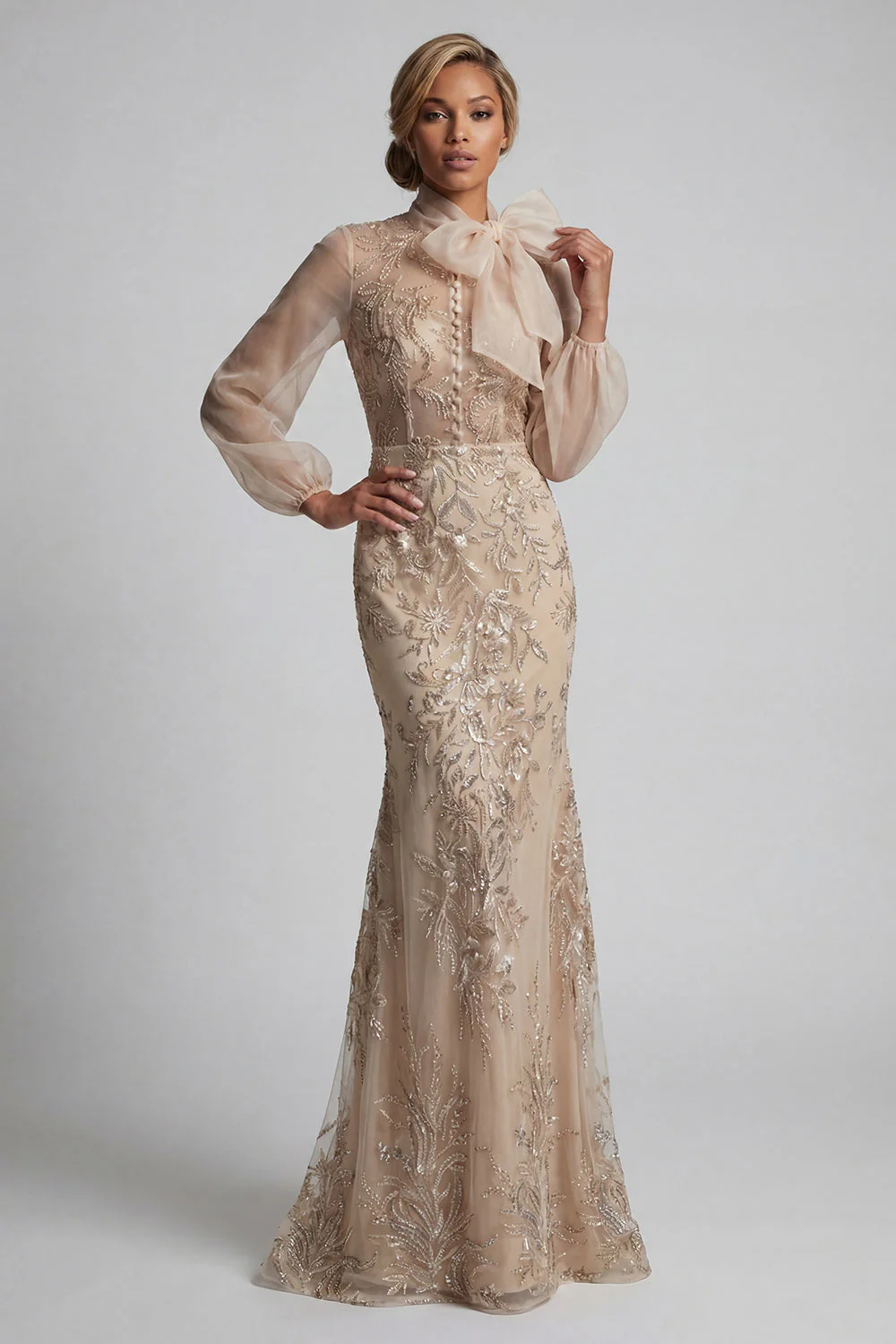 Robe de la mère de la mariée à col haut à col haut appliquée par la sirène de Champagen avec nœud - Image 3