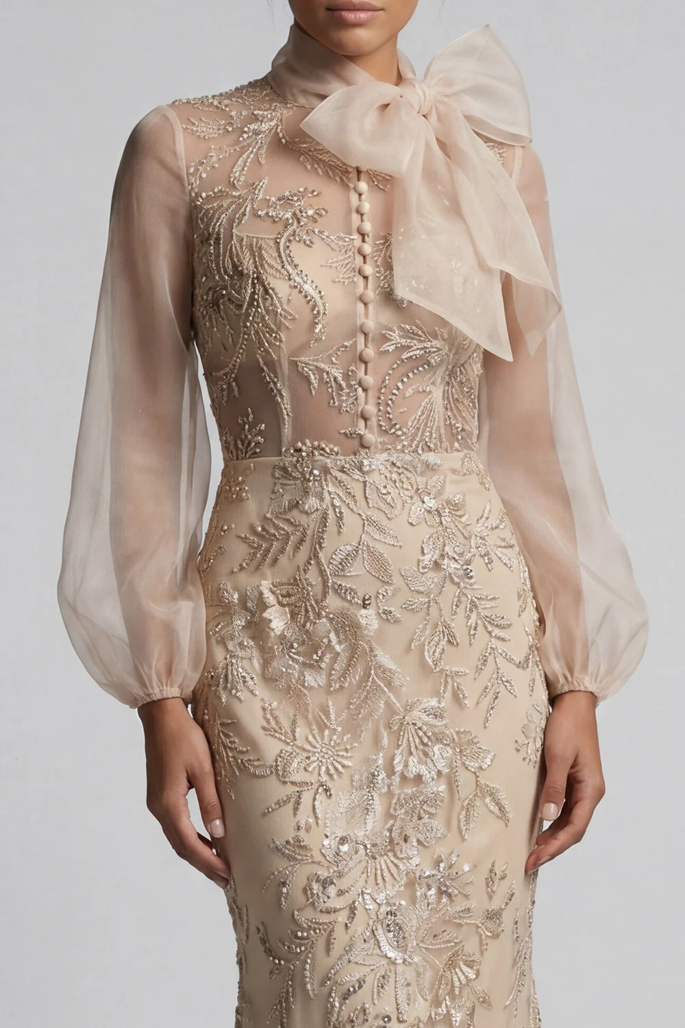 Robe de la mère de la mariée à col haut à col haut appliquée par la sirène de Champagen avec nœud - Image 4