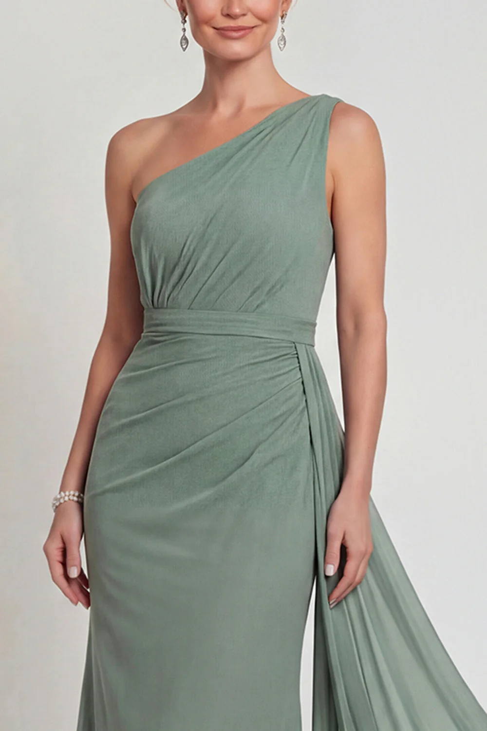 Robe de la mère de la mariée à étui à une épaule en chiffon sauge poussiéreuse - Image 3
