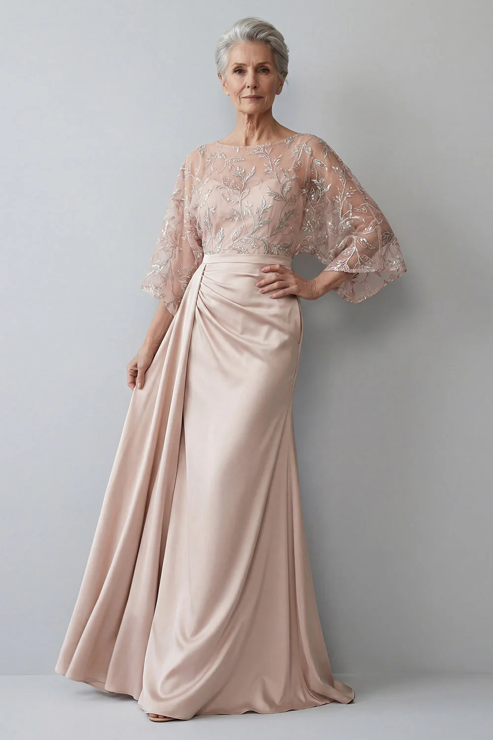 Robe de la mère de la mariée à manches à blush 3/4 appliquée