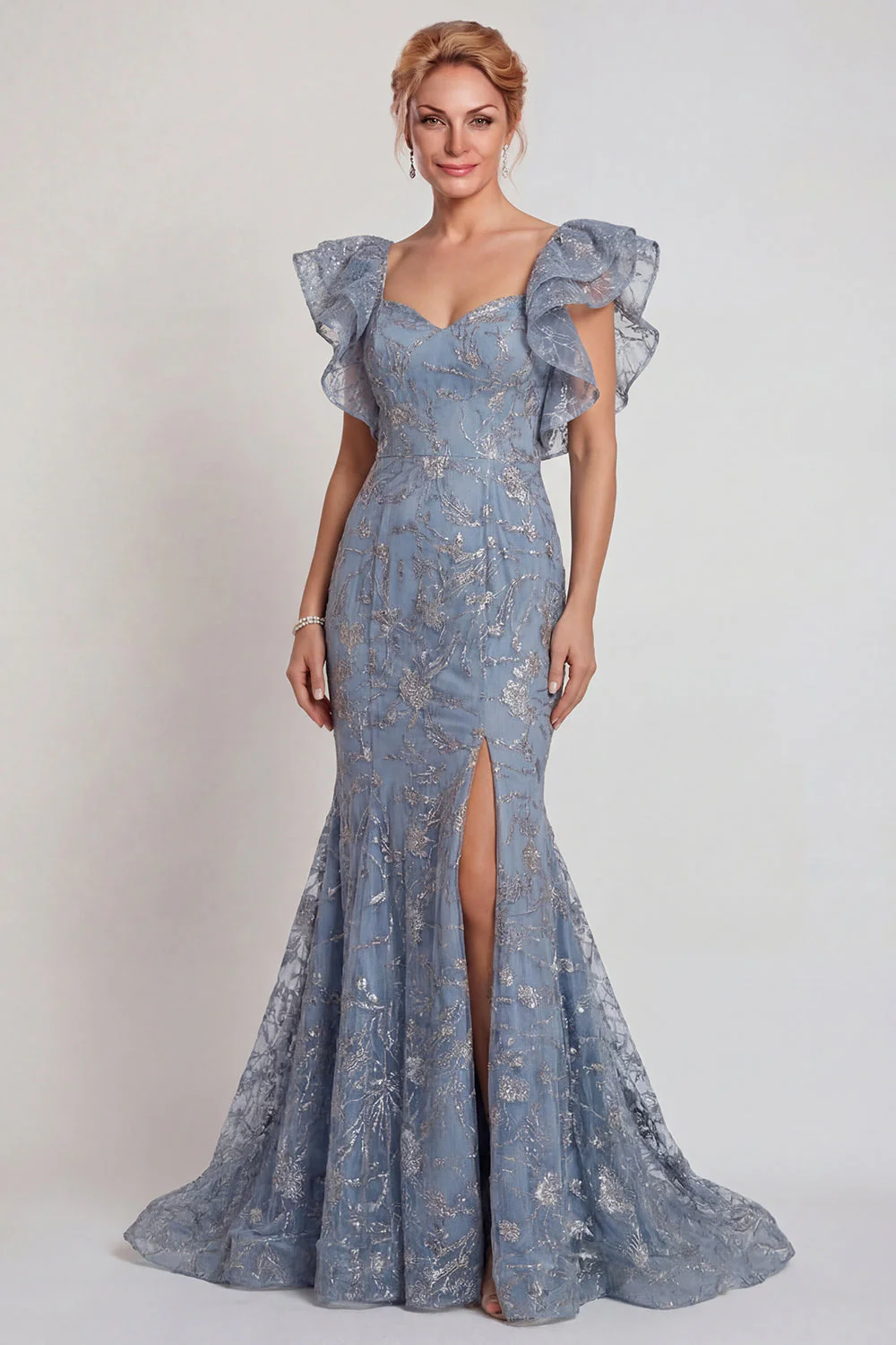 Robe de la mère de la mariée à manches appliques, manches appliqueuses grises, avec fente