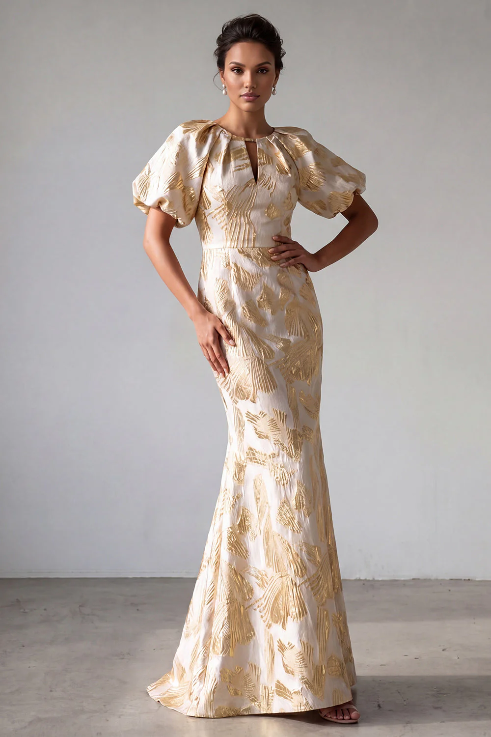 Robe de la mère de la mariée à manches bouffantes à manches de sirène en champagne