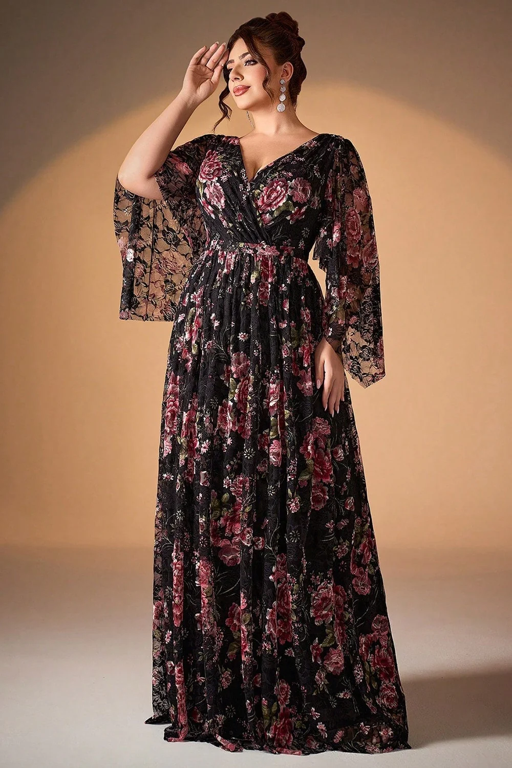 Robe de la mère de la mariée à manches longues à manches longues rose rose noire florale - Image 3