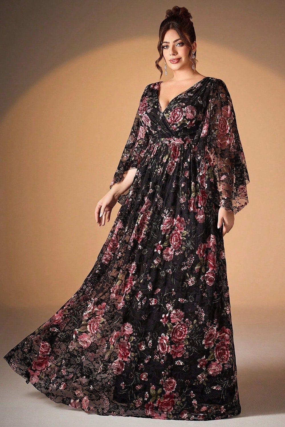 Robe de la mère de la mariée à manches longues à manches longues rose rose noire florale - Image 5