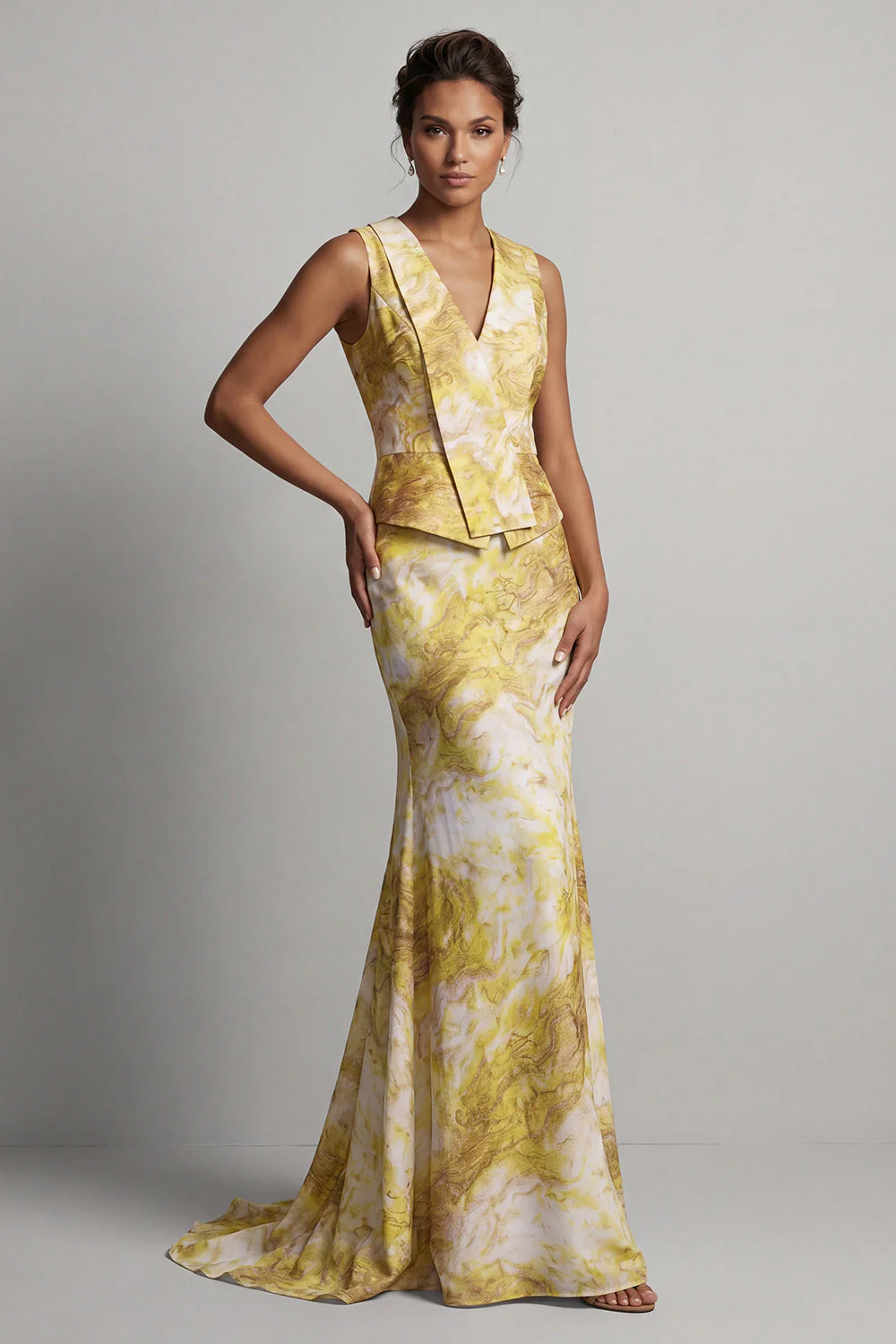 Robe de la mère de la mariée à motifs de sirène florale avec une longue robe jaune