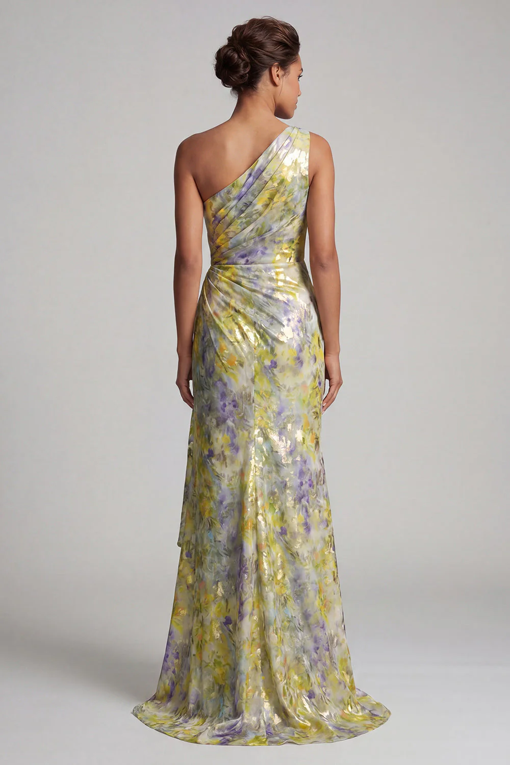Robe de la mère de la mariée à motifs floraux jaunes à une épaule - Image 2