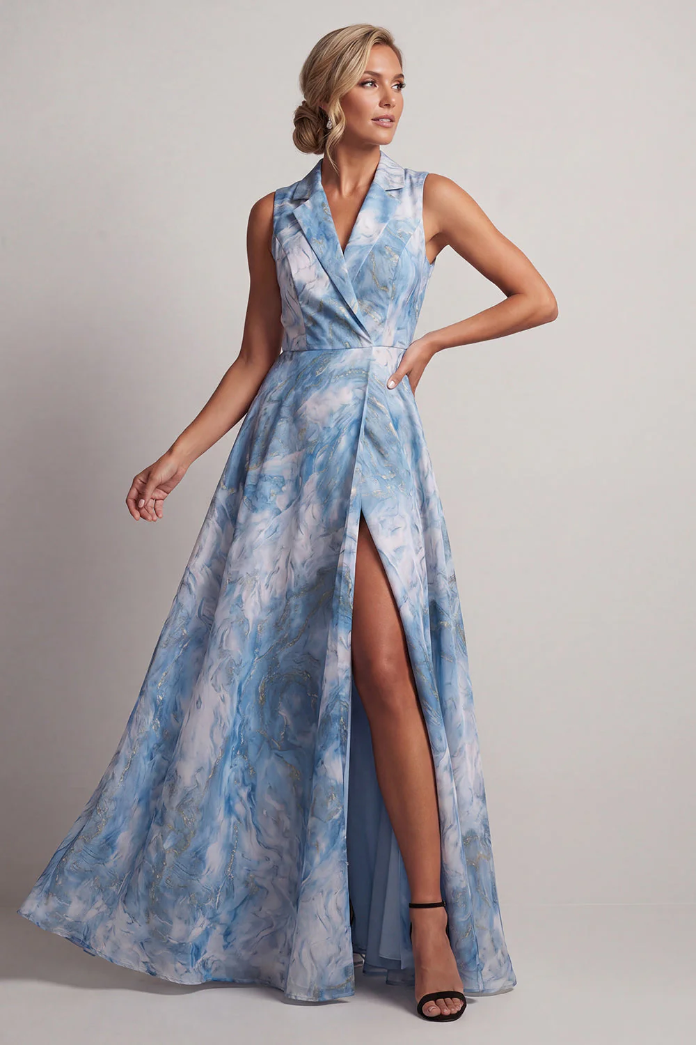 Robe de la mère de la mariée à revers cranté bleu lac - Image 3