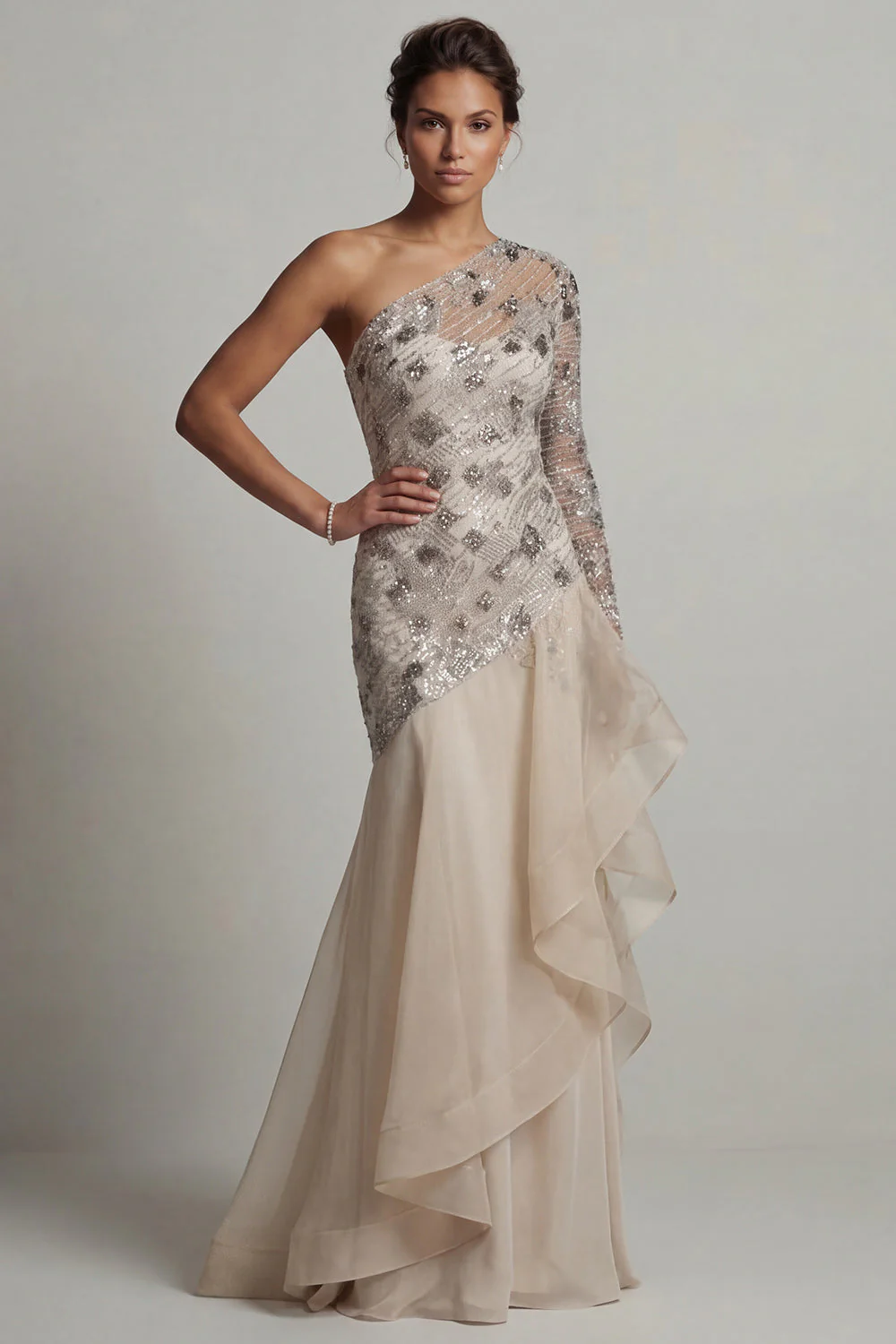 Robe de la mère de la mariée à une épaule à volants en forme de sirène blanche à sequins