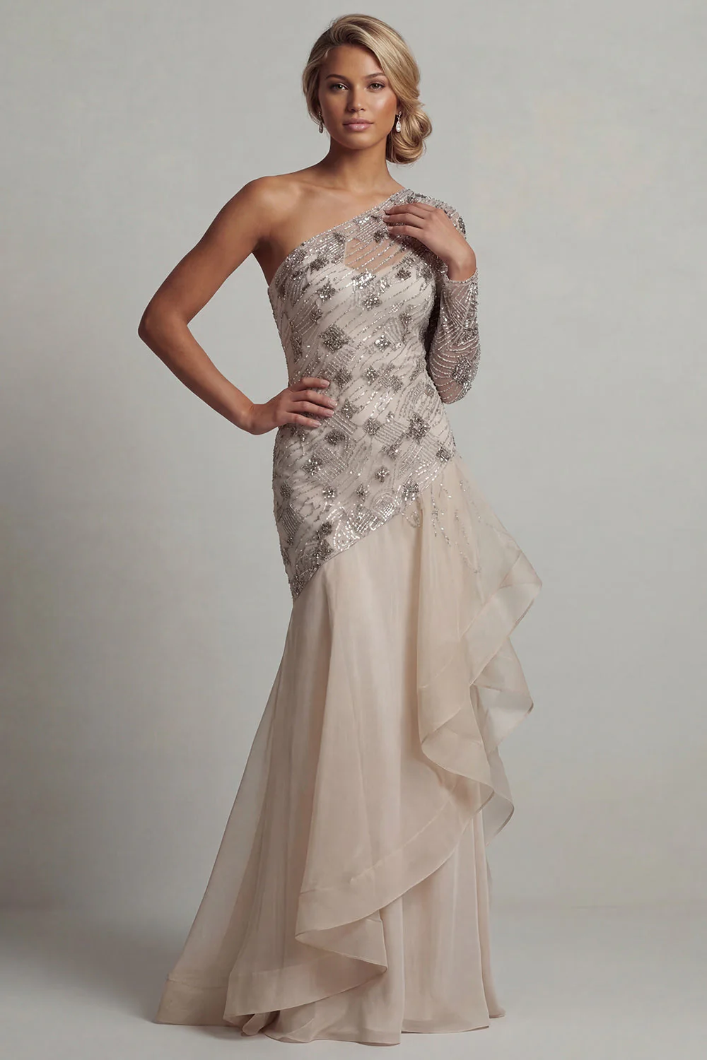 Robe de la mère de la mariée à une épaule à volants en forme de sirène blanche à sequins - Image 3