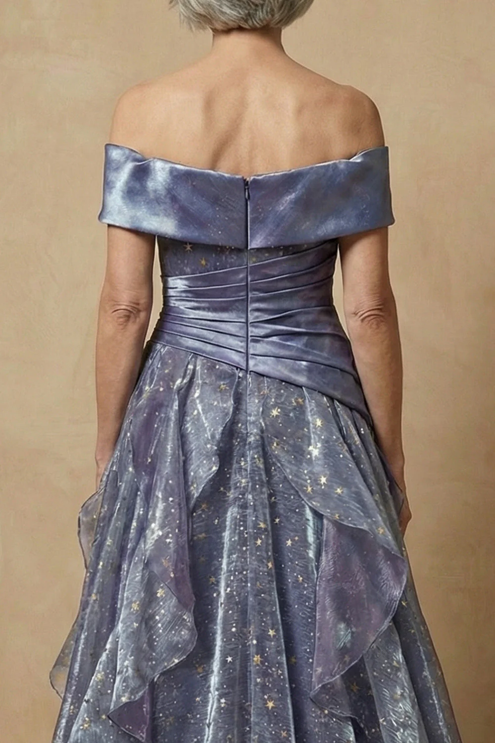 Robe de la mère de la mariée à volants bleu décollé sur les épaules décollées - Image 4