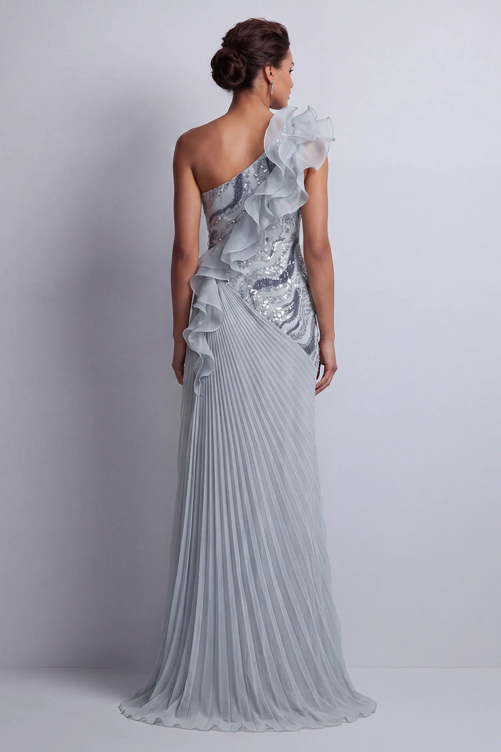 Robe de la mère de la mariée à volants d’une épaule et scintillante en chiffon bleu poussiéreux - Image 2