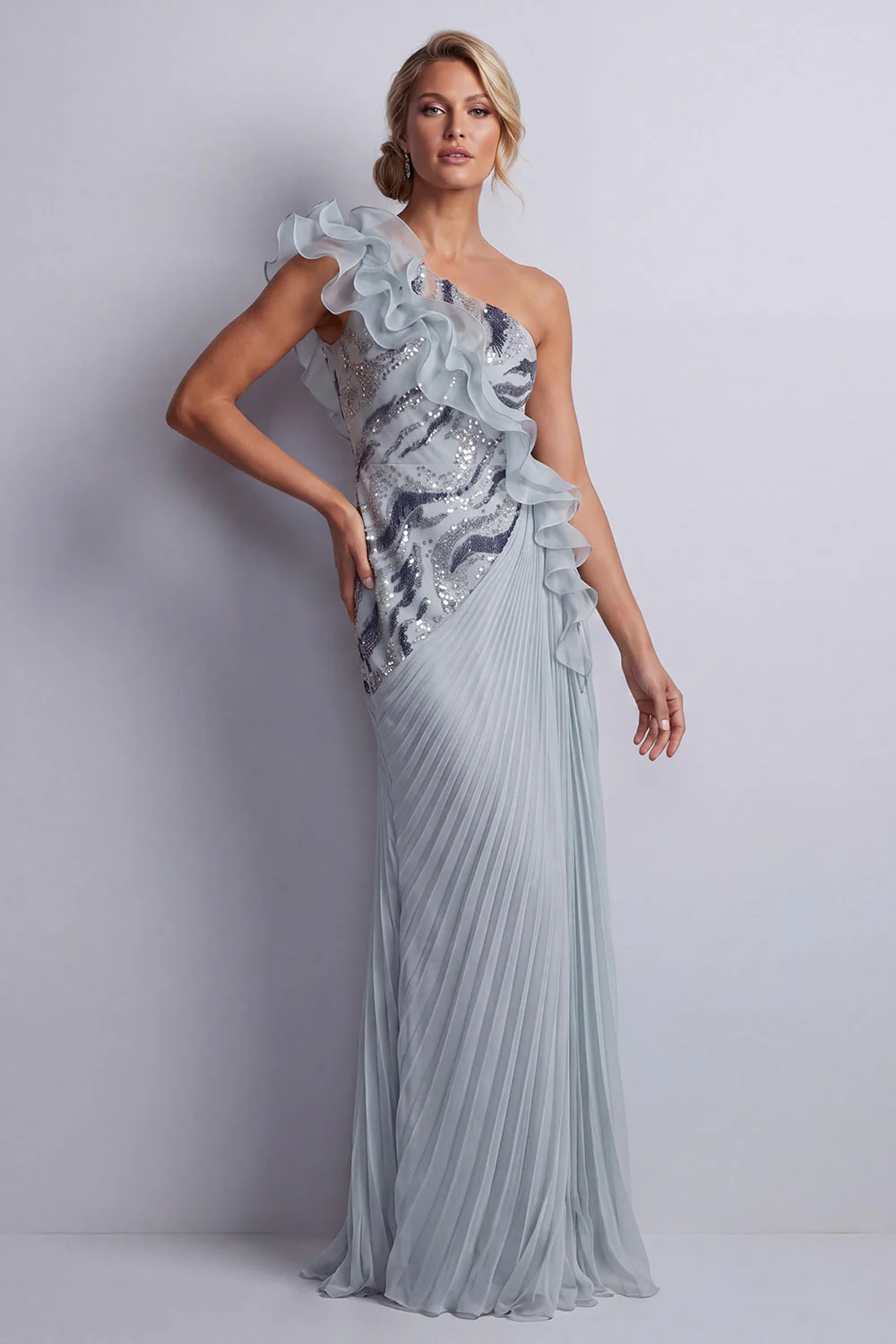 Robe de la mère de la mariée à volants d’une épaule et scintillante en chiffon bleu poussiéreux - Image 3
