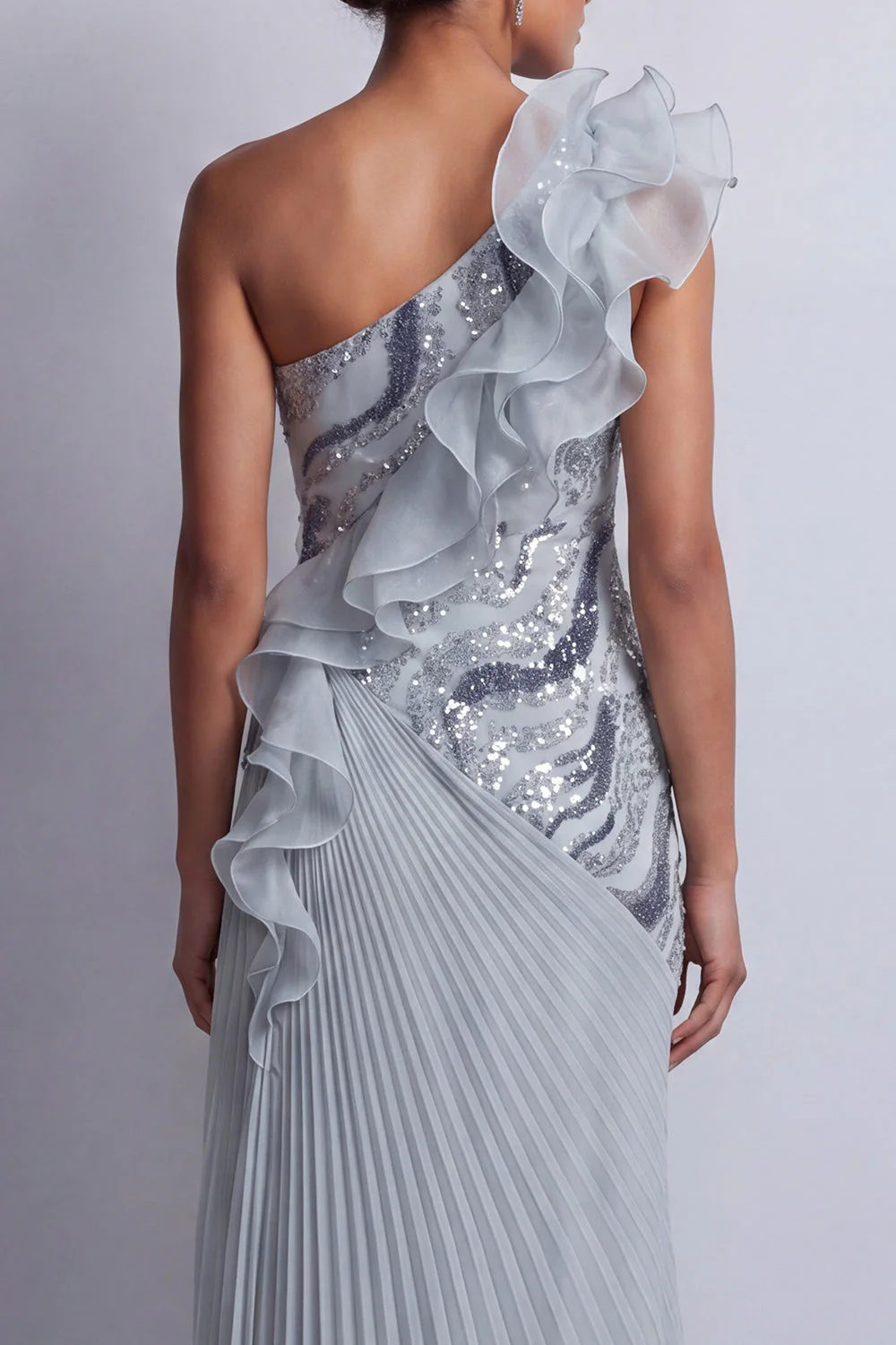 Robe de la mère de la mariée à volants d’une épaule et scintillante en chiffon bleu poussiéreux - Image 5