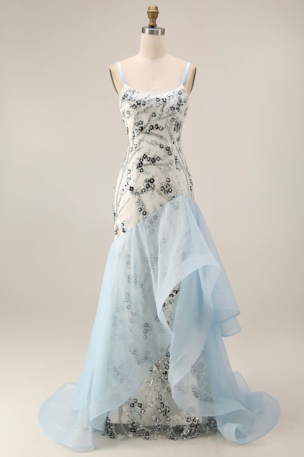 Robe de la mère de la mariée à volants en sirène bleu clair à sequins - Image 3