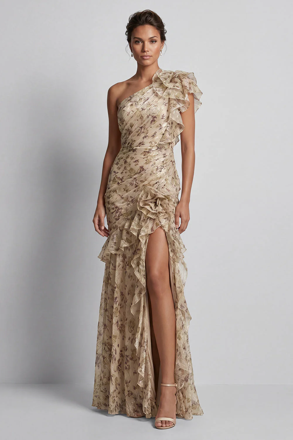 Robe de la mère de la mariée à volants longue et à volants en sirène de champagne avec fente