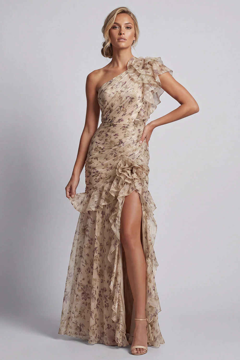 Robe de la mère de la mariée à volants longue et à volants en sirène de champagne avec fente - Image 3