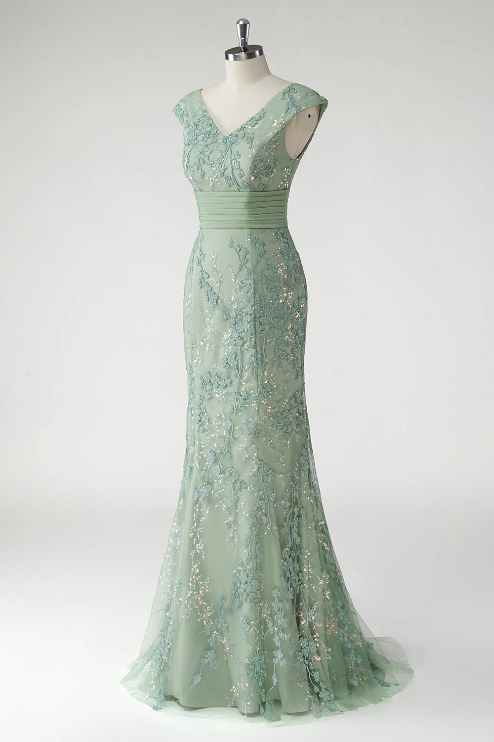 Vert Col V Sirène Appliques Paillettes Cap Manches Robe De Soirée - Image 3