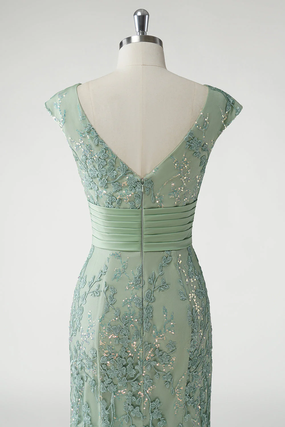 Vert Col V Sirène Appliques Paillettes Cap Manches Robe De Soirée - Image 5