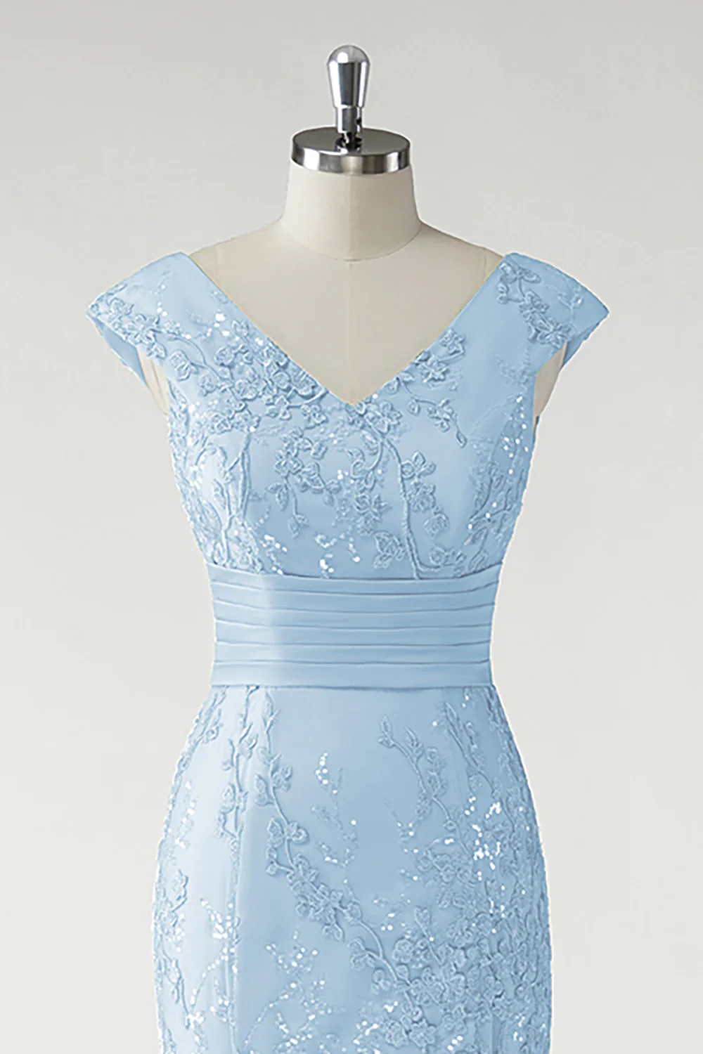 Vert Col V Sirène Appliques Paillettes Cap Manches Robe De Soirée - Image 15