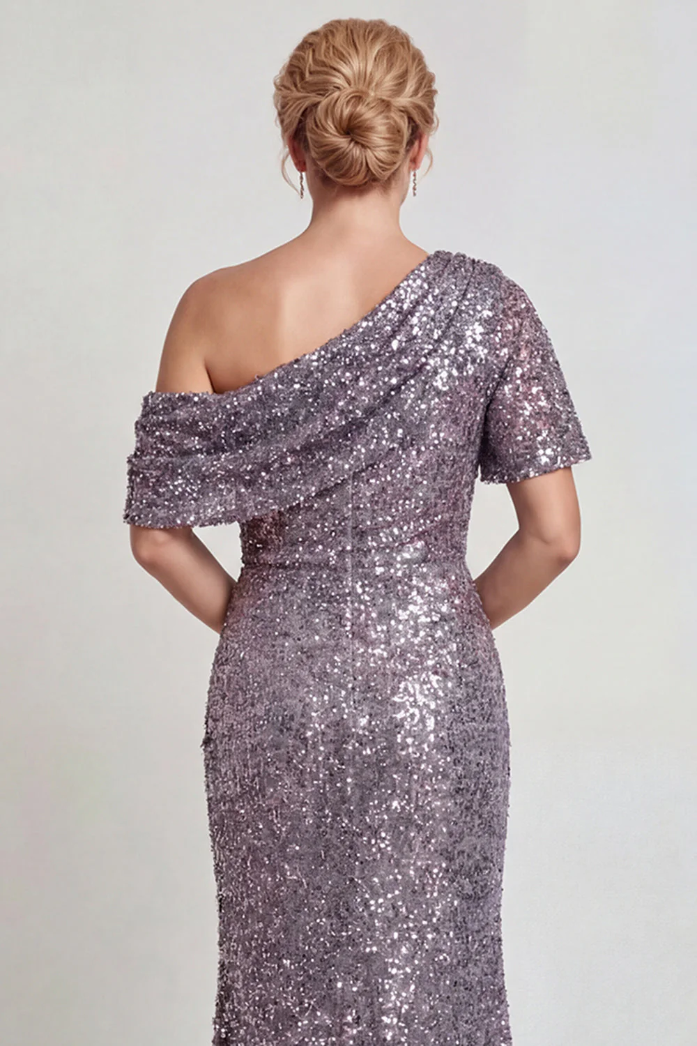 Robe de la mère de la mariée champagne scintillante Une épaule longue avec sequins - Image 12