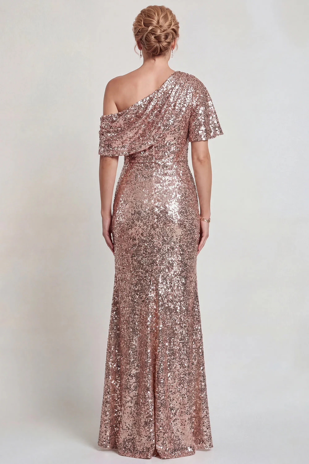 Robe de la mère de la mariée champagne scintillante Une épaule longue avec sequins - Image 2