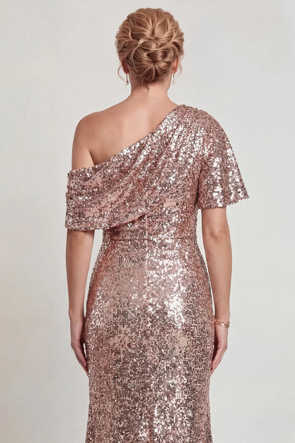 Robe de la mère de la mariée champagne scintillante Une épaule longue avec sequins - Image 4