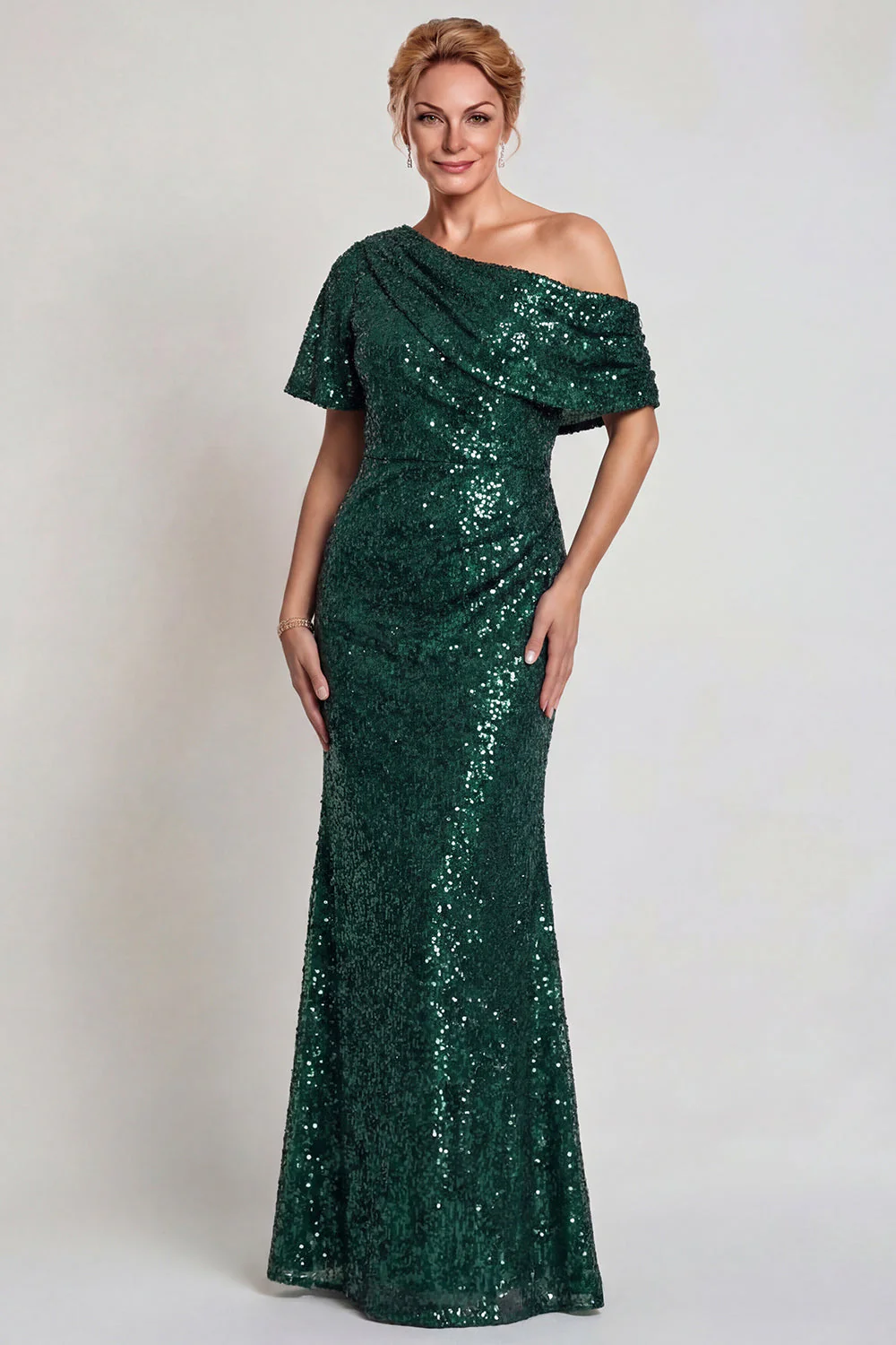 Robe de la mère de la mariée champagne scintillante Une épaule longue avec sequins - Image 5