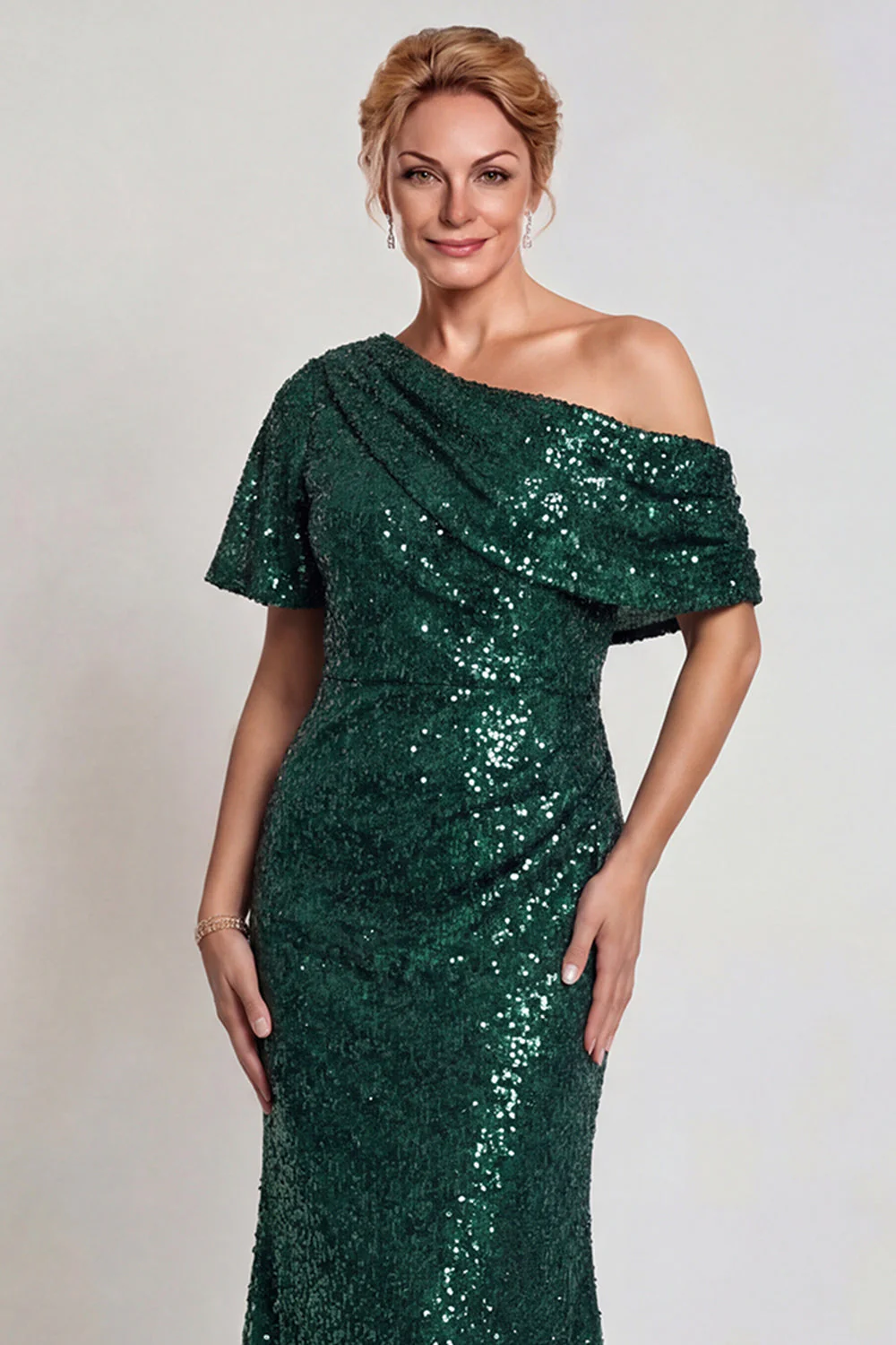 Robe de la mère de la mariée champagne scintillante Une épaule longue avec sequins - Image 7