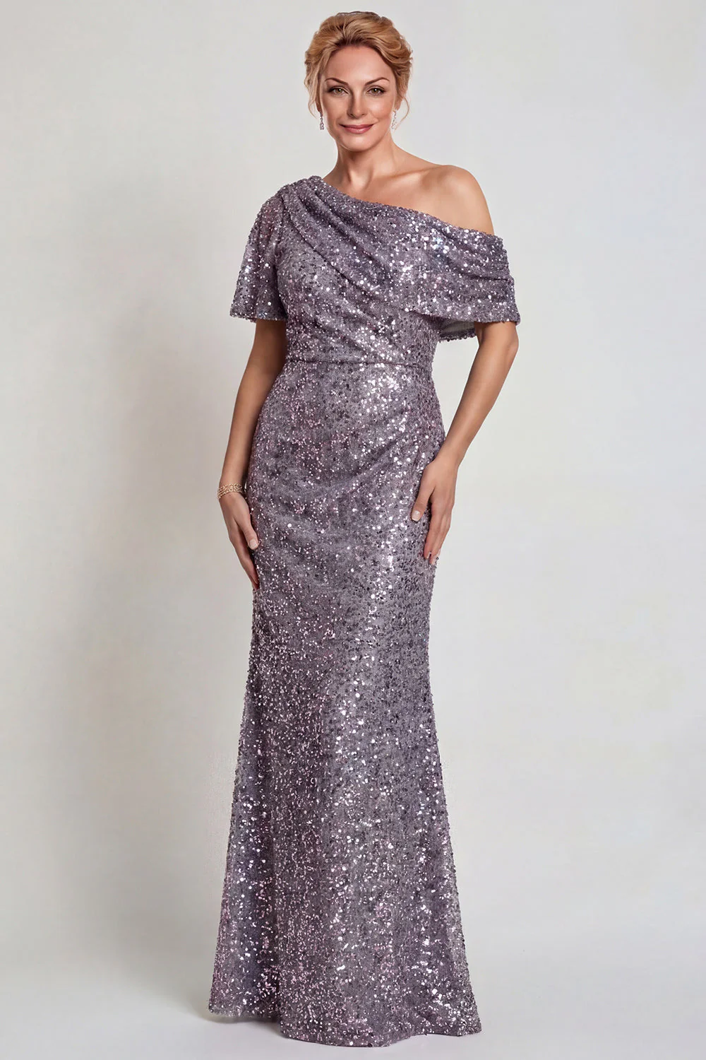 Robe de la mère de la mariée champagne scintillante Une épaule longue avec sequins - Image 9