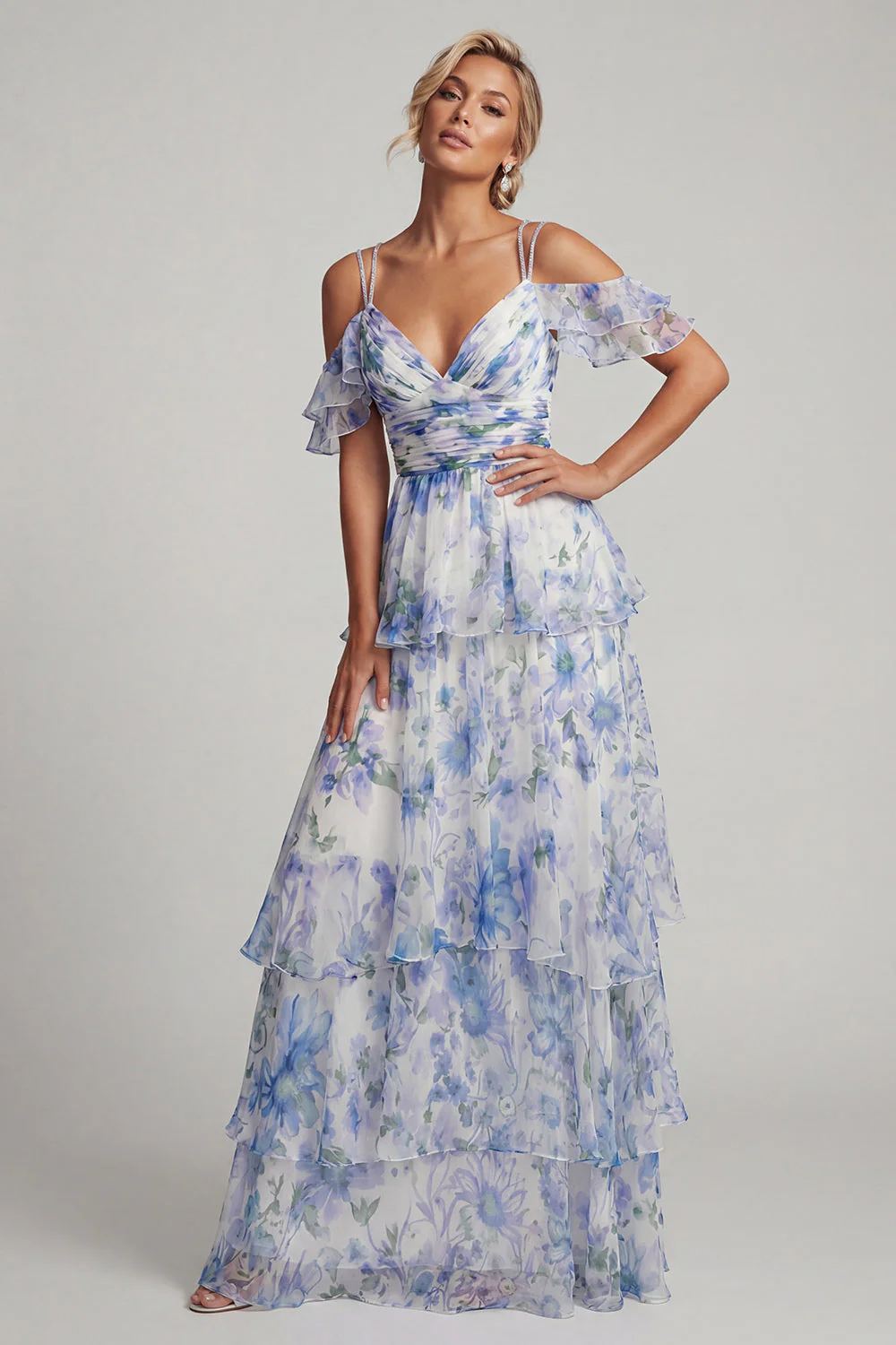 Robe de la mère de la mariée Cold Shoulder A Line A à volants à étages imprimés bleu clair - Image 3