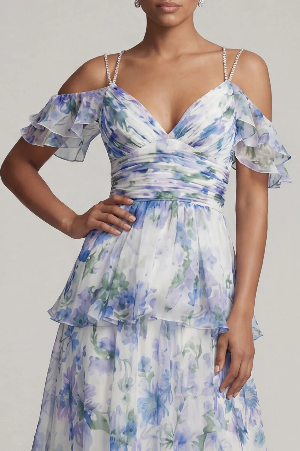 Robe de la mère de la mariée Cold Shoulder A Line A à volants à étages imprimés bleu clair - Image 4