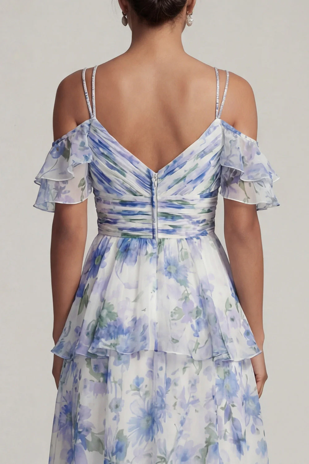 Robe de la mère de la mariée Cold Shoulder A Line A à volants à étages imprimés bleu clair - Image 5