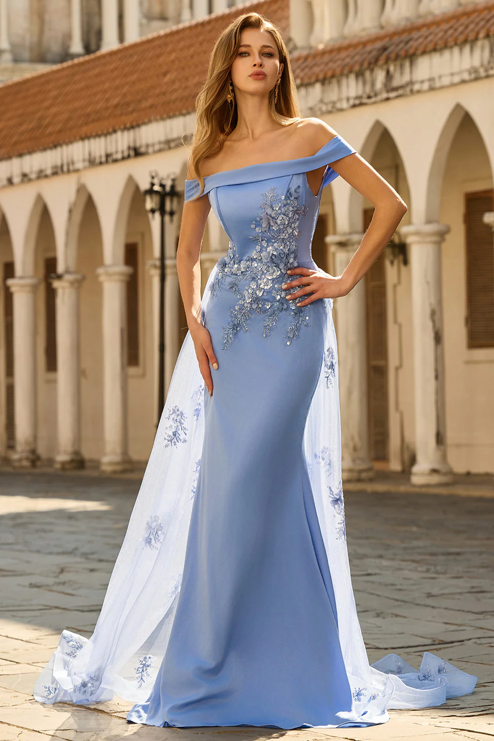Robe de la mère de la mariée en applique gris-bleu-bleu avec des paillettes - Image 6